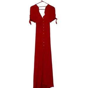 Express Red Button-Front Maxi Dress with Tie Sleeves